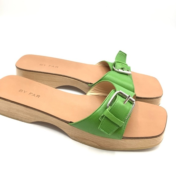 By Far Green Leather Wooden Clog Sandals - Picture 2 of 8